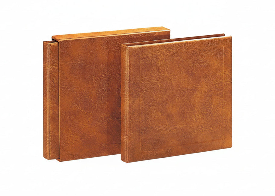 Two tan 'Maxi XL Luxus system' albums on a white background