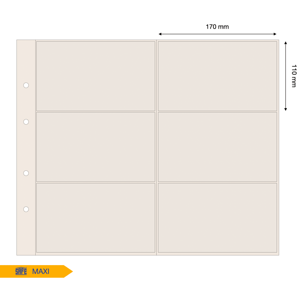 Tan illustration representing the album page layout with pocket dimensions on a white background
