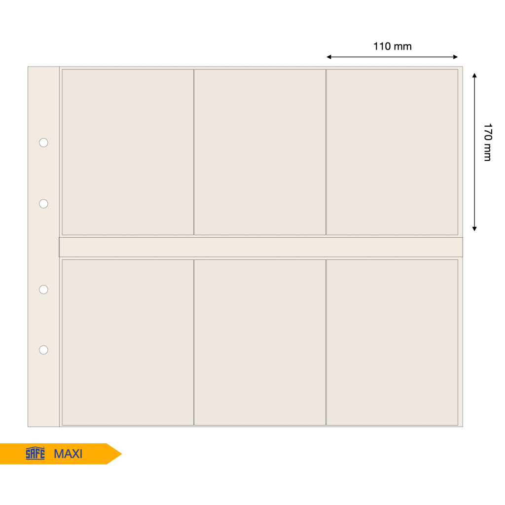 Tan illustration representing the album page layout with pocket dimensions on a white background