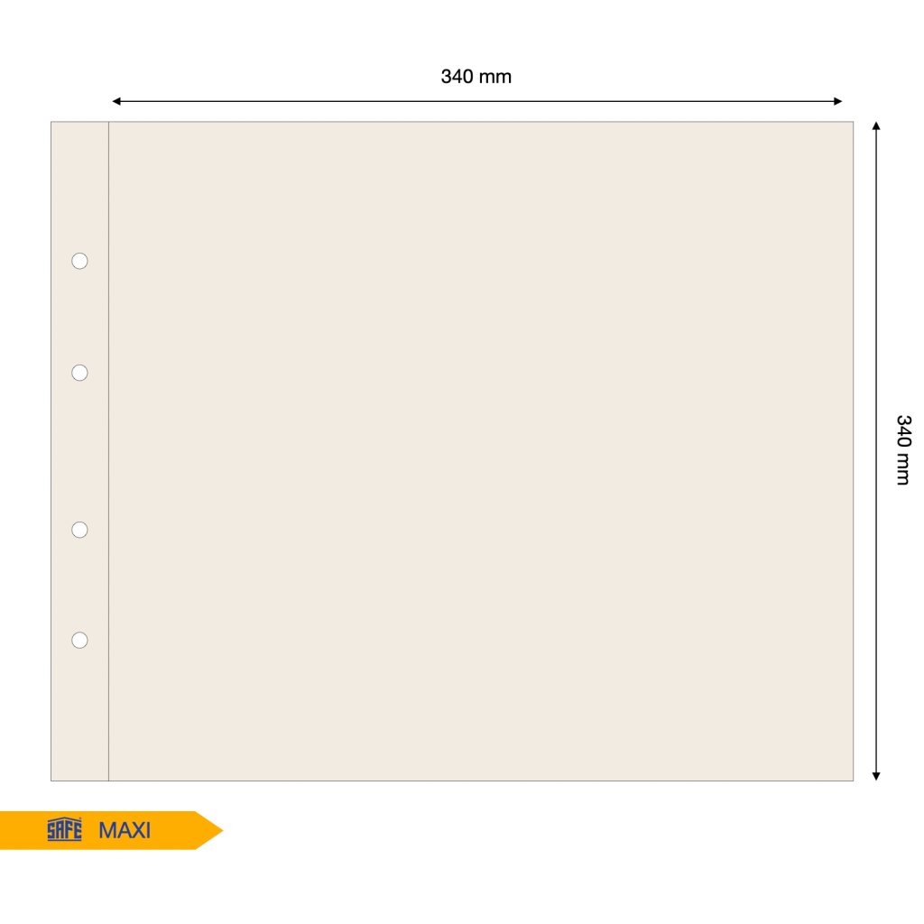 Tan illustration representing the album page layout with pocket dimensions on a white background
