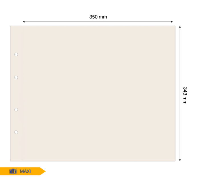 Tan illustration representing the album page interleave with page dimensions on a white background