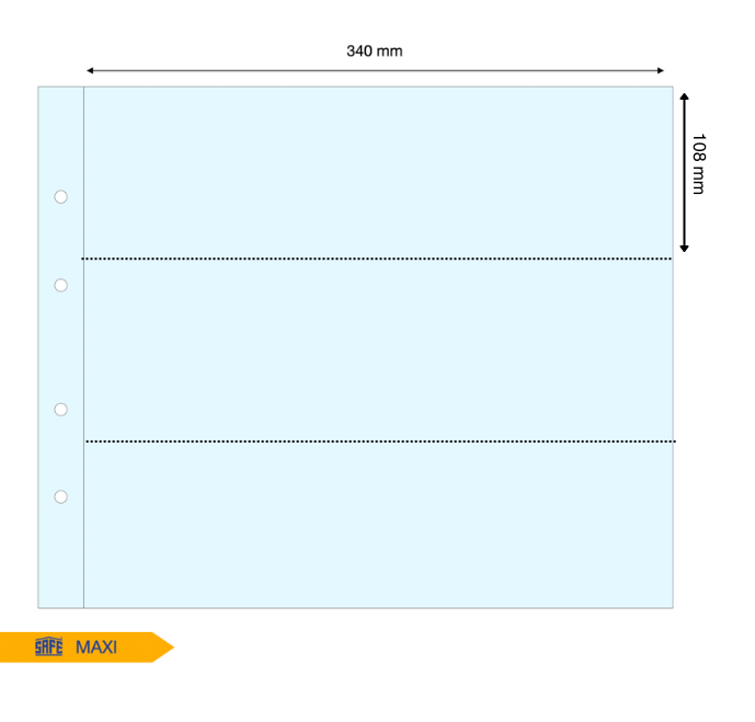 Light blue illustration representing the transparent album page layout with pocket dimensions on a white background