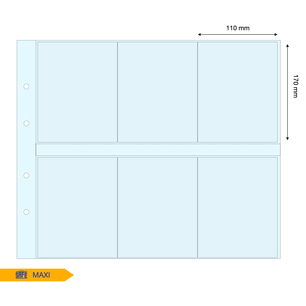 Light blue illustration representing the transparent album page layout with pocket dimensions on a white background
