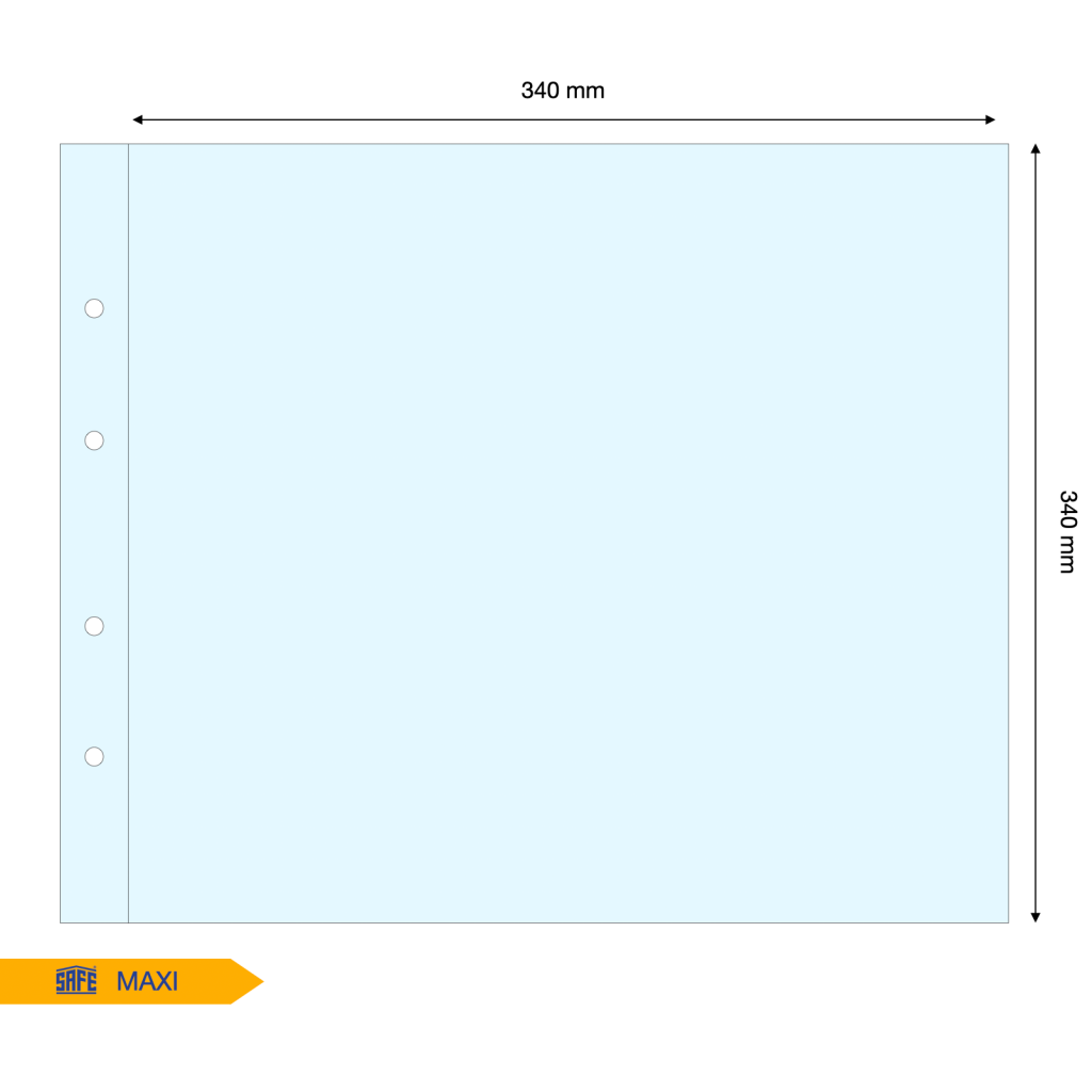 Light blue illustration representing the transparent album page layout with pocket dimensions on a white background