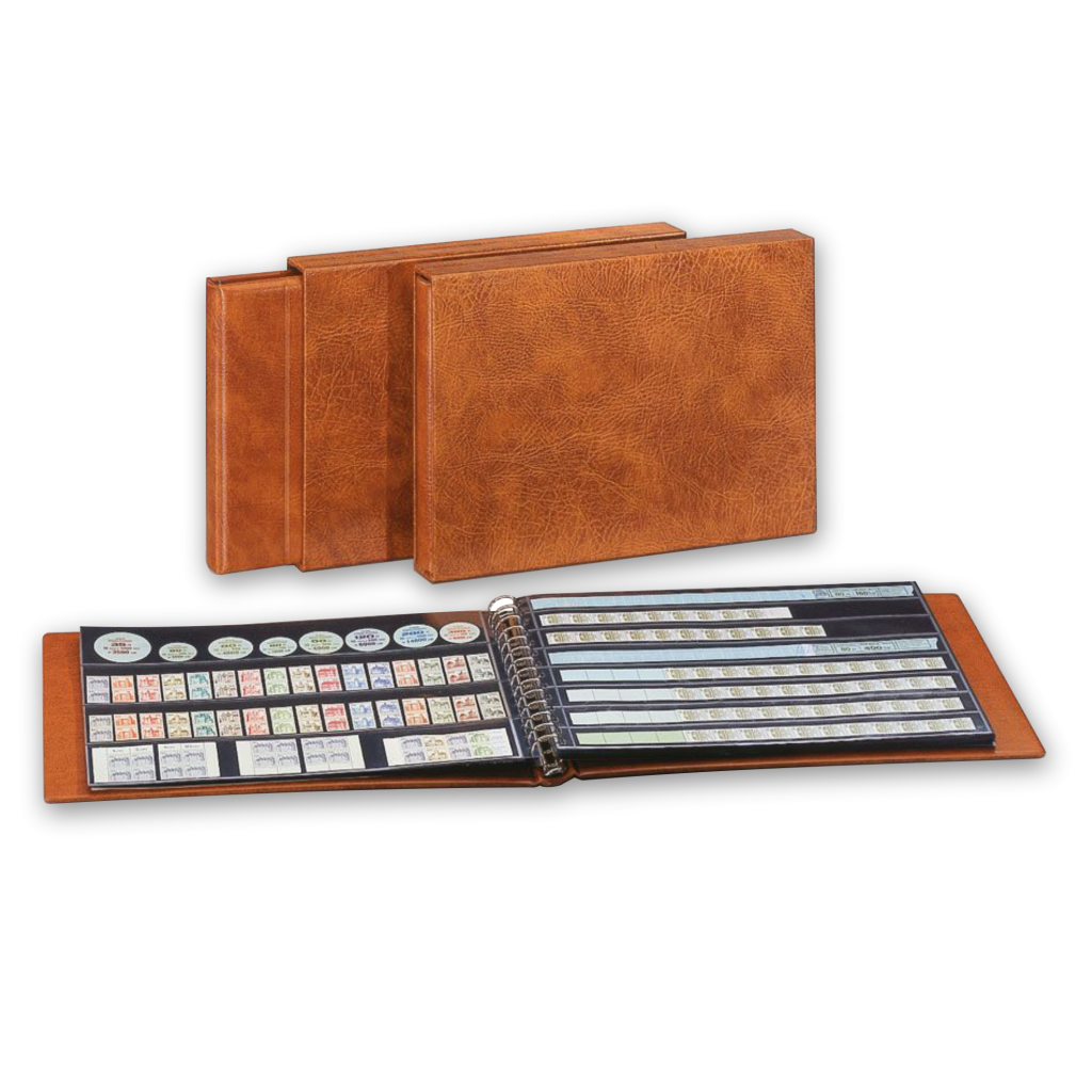 Tan album with an open album in front displaying coil stamps on a white background