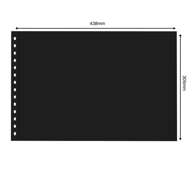 Black illustration representing the album interleaves with dimenions on a white background