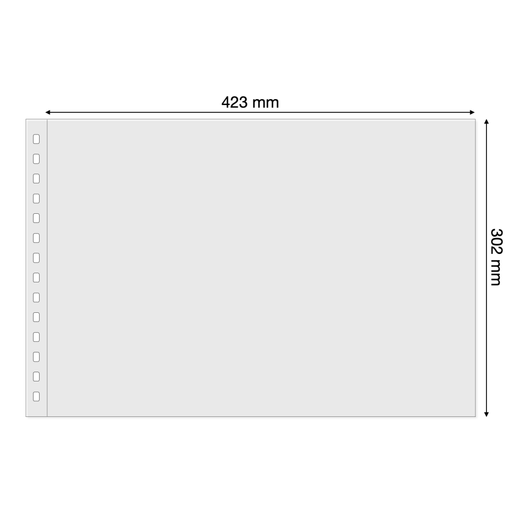 Light grey illustration representing the transparent album page layout with pocket dimensions on a white background