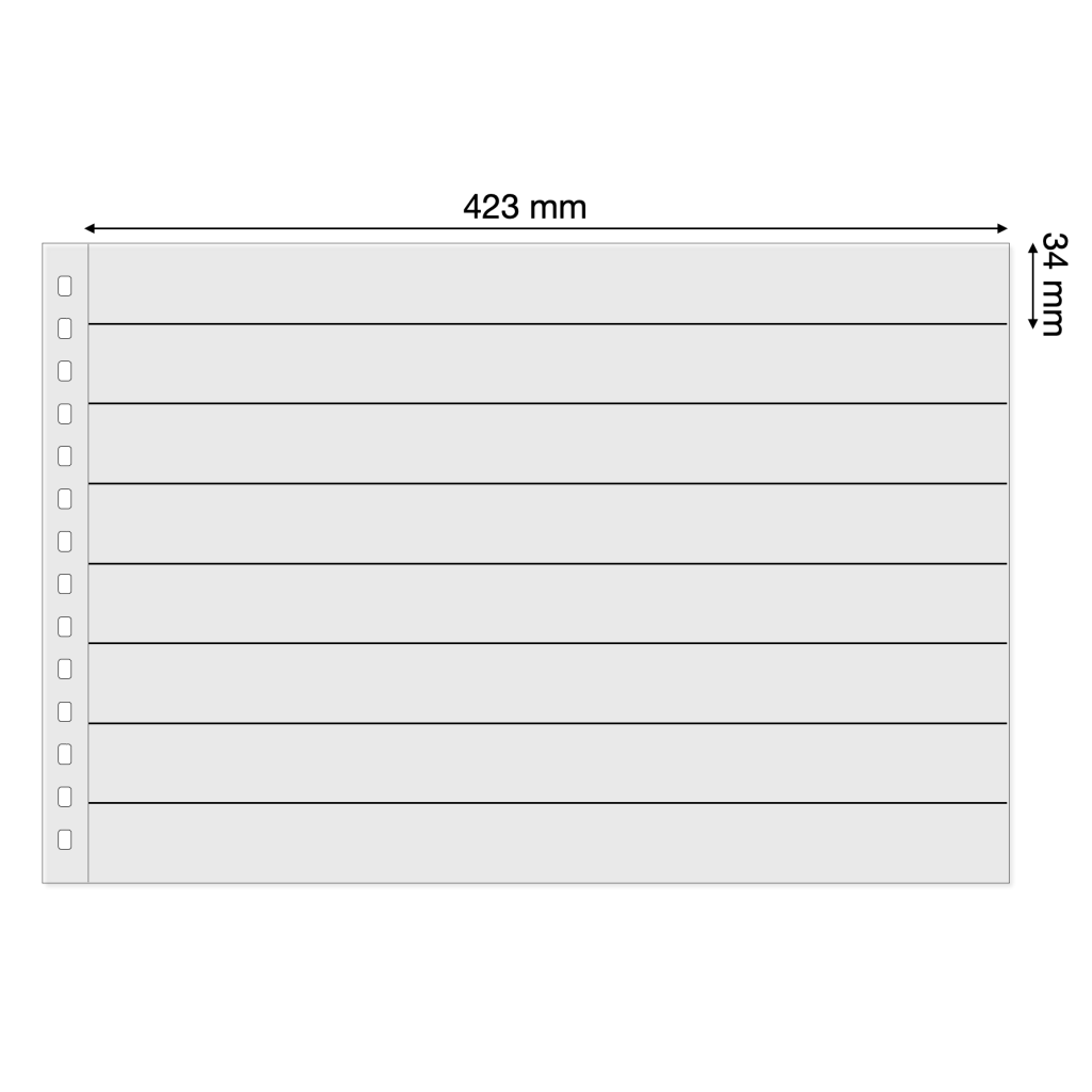 Light grey illustration representing the transparent album page layout with pocket dimensions on a white background