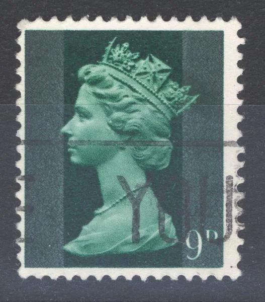Vintage postage stamp with a portrait of a queen wearing a crown and the number '9' on a dark green background.