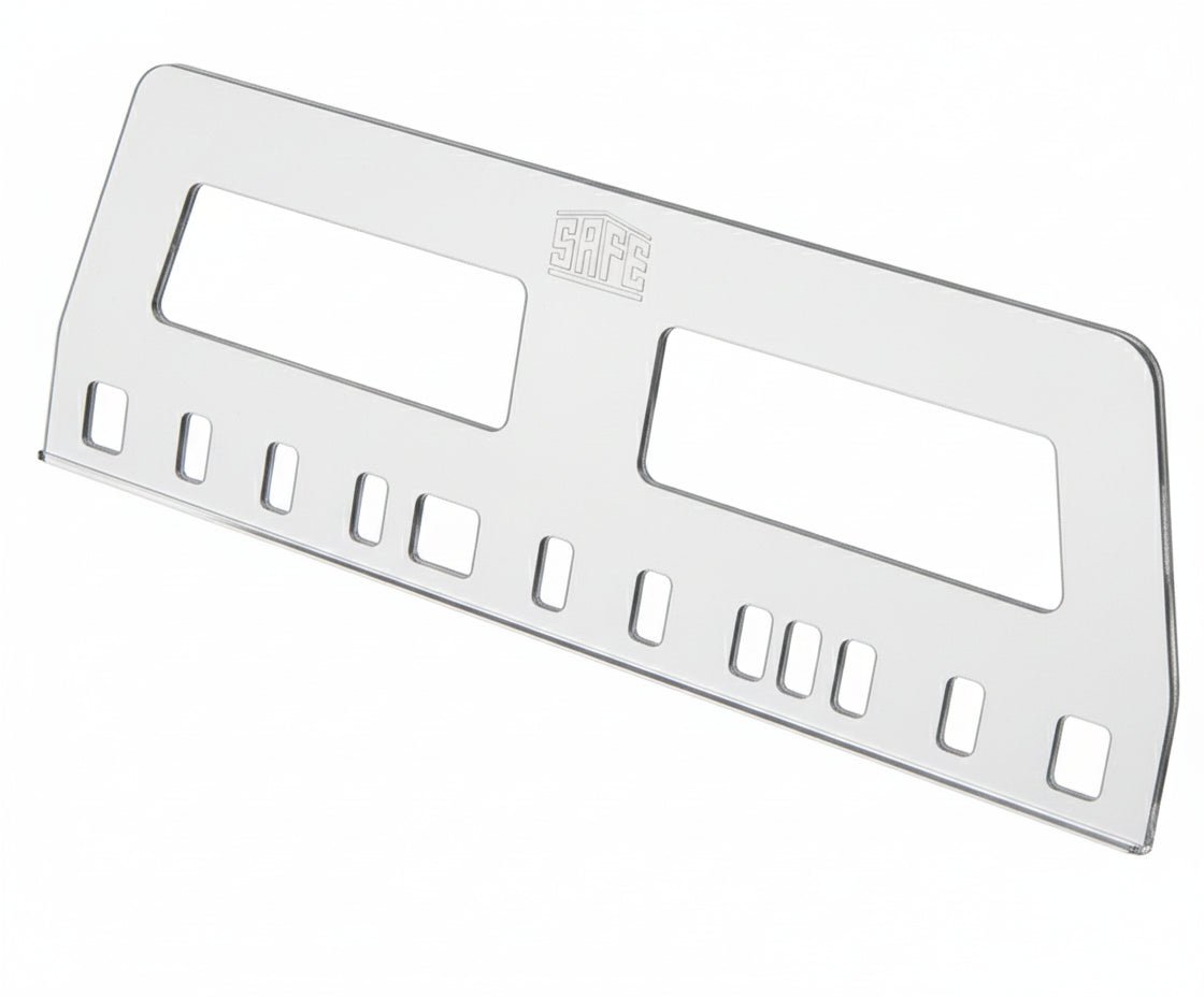 One clear heavy duty album sheet lifter with various ring spacing and album format on a white background