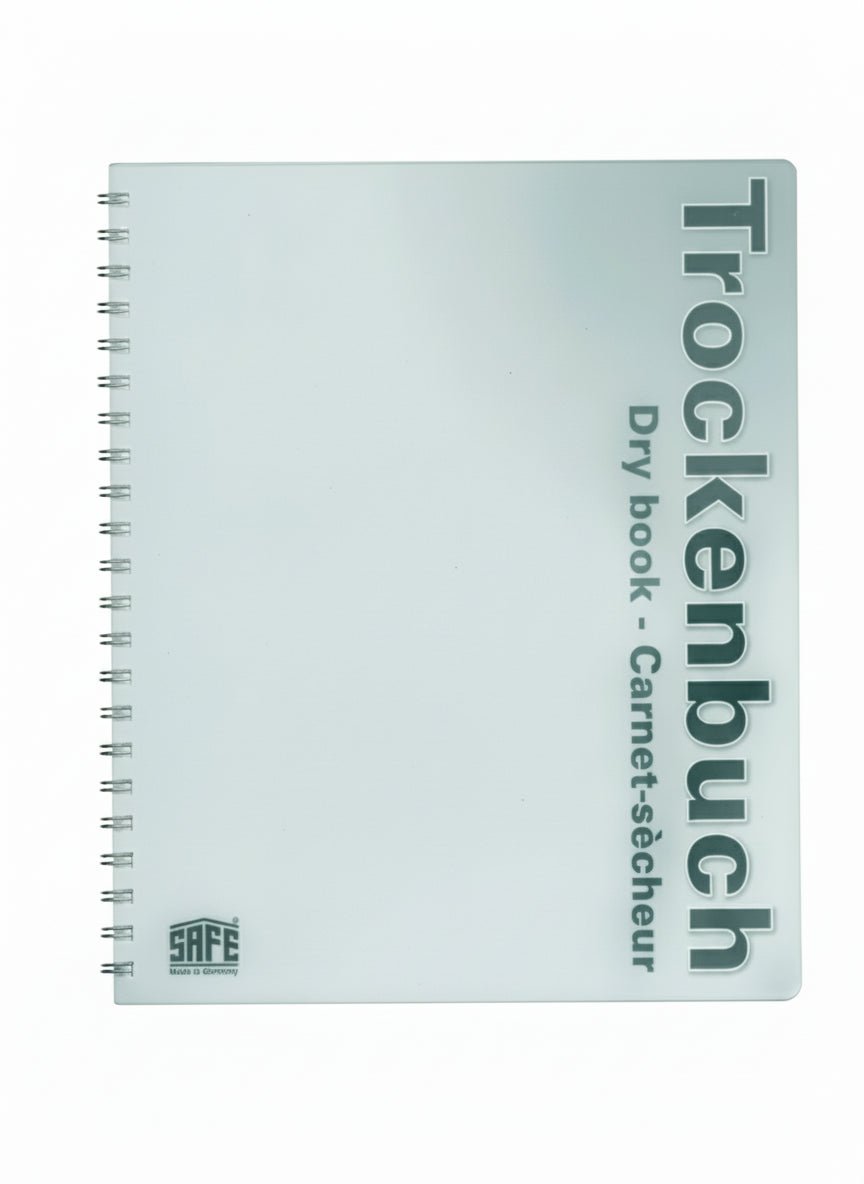 Stamp drying book with the word Trockenenbuch printed on the cover with 'SAFE' logo on a white background