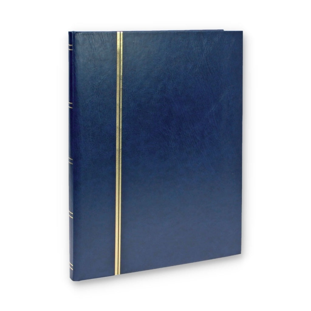 Blue stamp album stockbook with gold accents on a white background