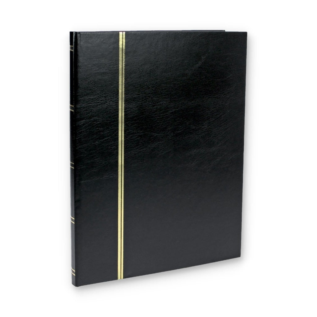 Black stamp album stockbook with gold accents on a white background