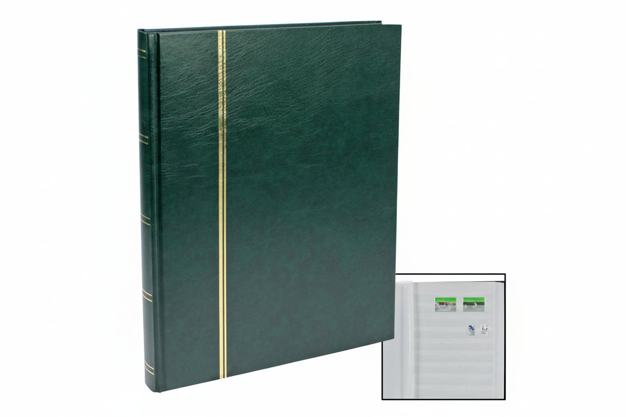 Green stamp stockbook with gold binding and inset image of white pages with stamps on a white background