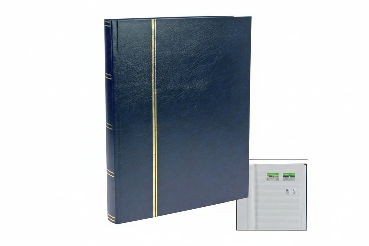 Blue stamp stockbook with gold binding and inset image of white pages with stamps on a white background