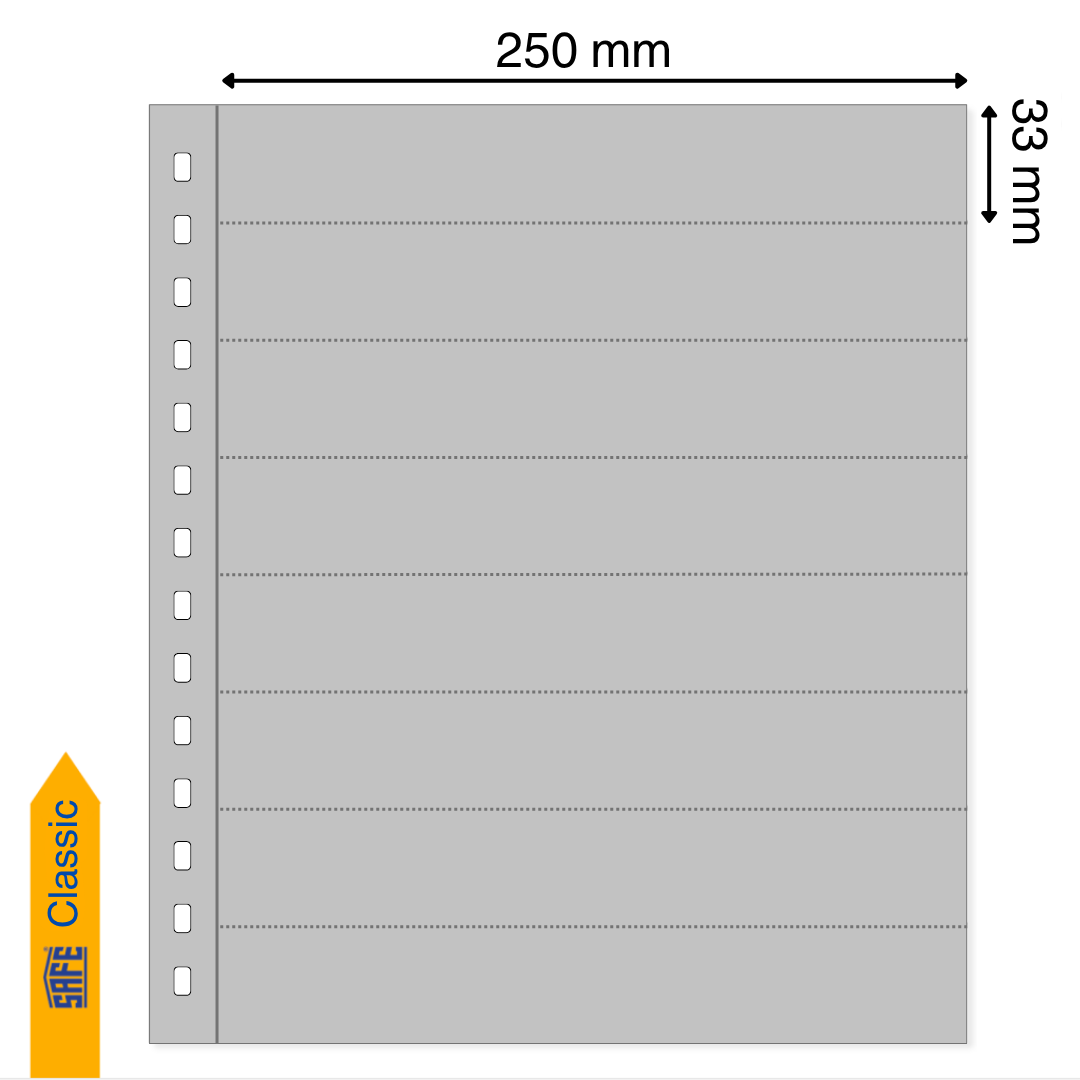 Illustration representing a gray album page with the pocket dimensions on a white background