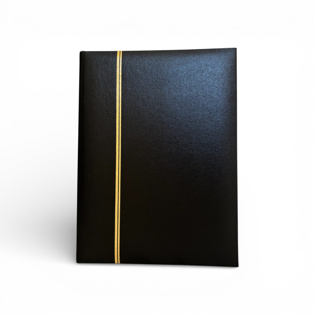 Black leather stamp album stockbook with gold accents on a white background