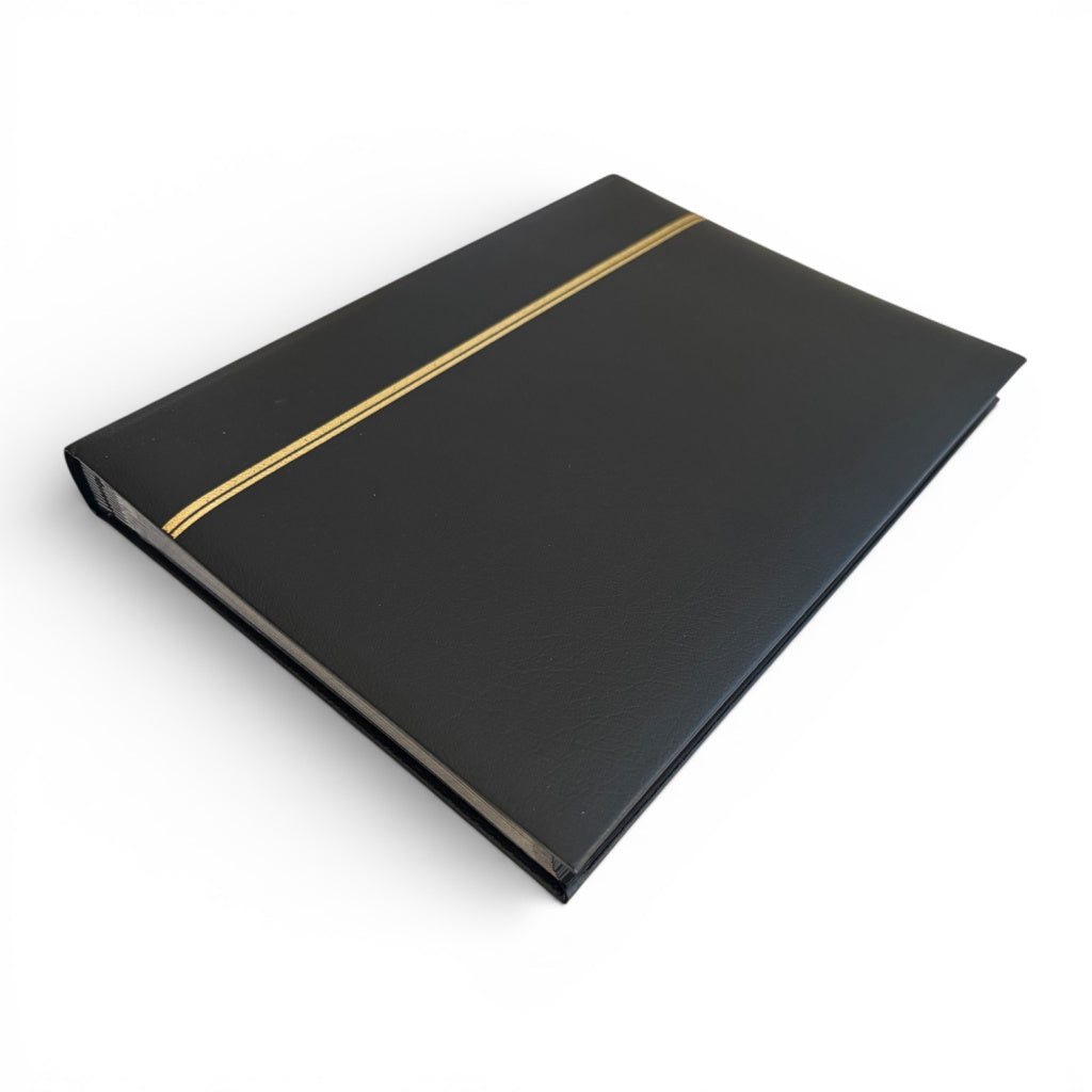 Black leather stamp album stockbook with gold accents on a white background