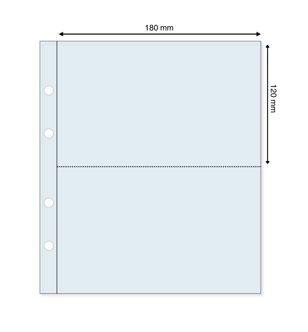 Transparent ARTline archival refill page with 2 pockets and pocket dimensions on a white background