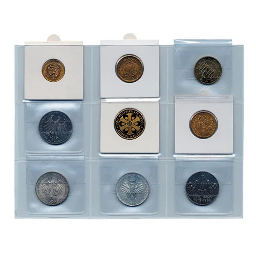 Collection of 2x2 coin flips inside a clear stockcard on a white background