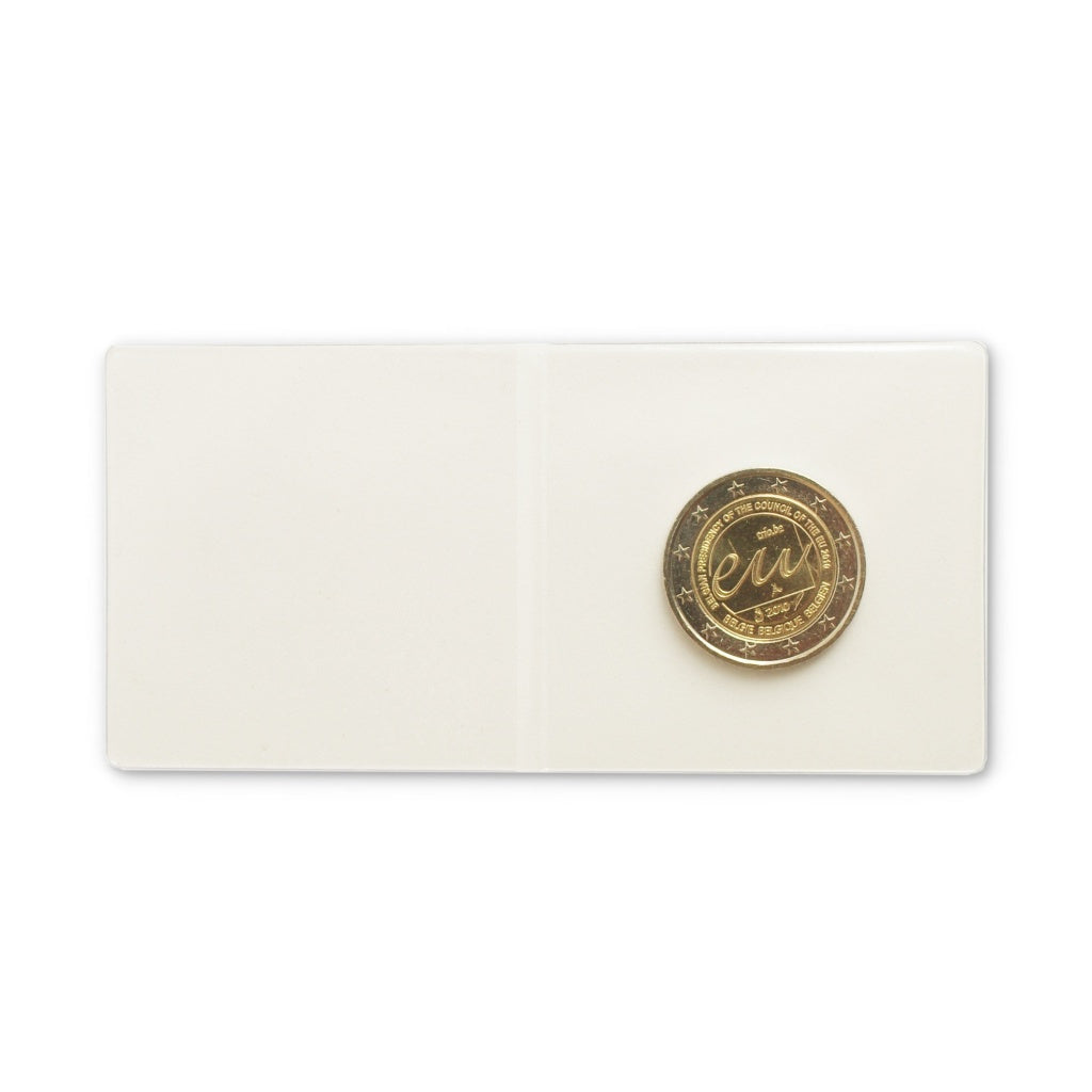Gold coin in a protective double pocket 2x2 coin holder on a white background