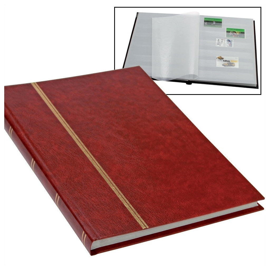 Red stamp album stockbook with gold binding and inset image of open stockbook with white pages & stamps on a white background
