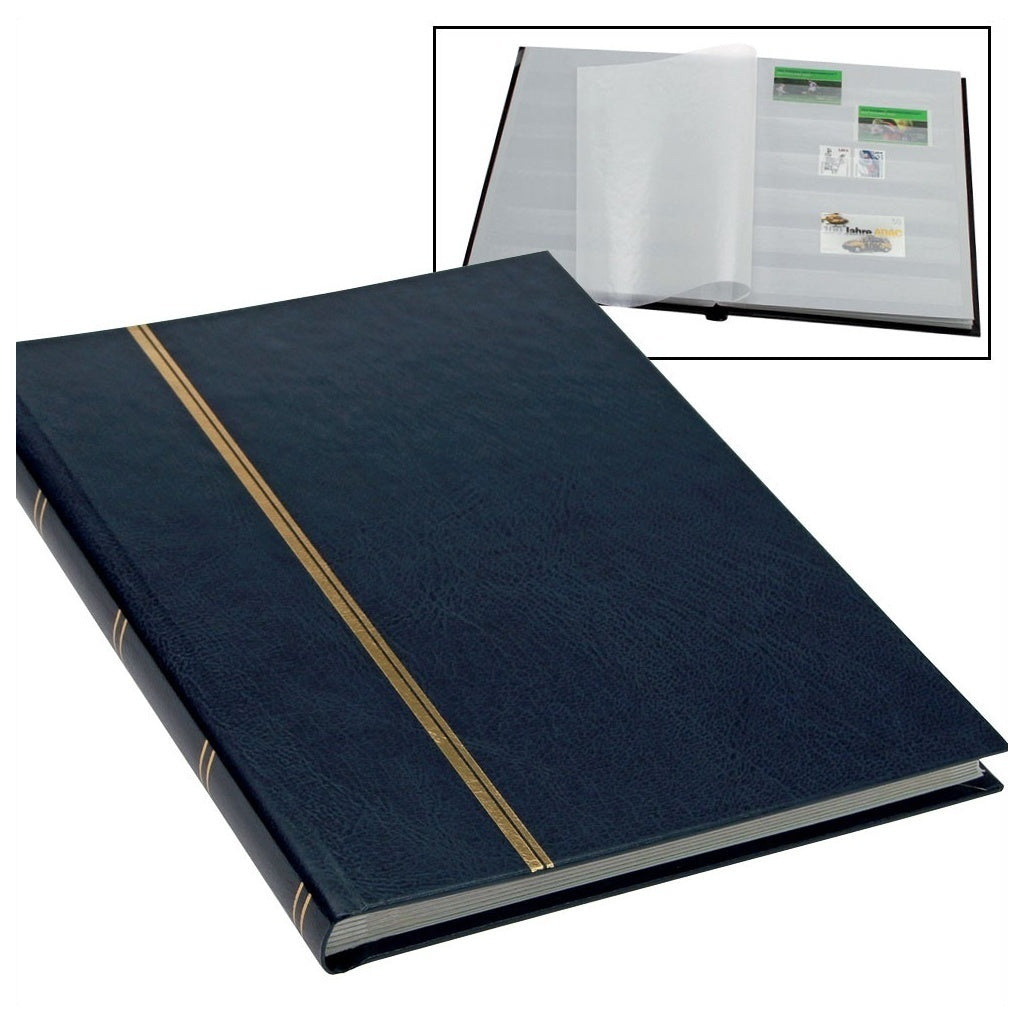 Blue stamp album stockbook with gold binding and inset image of open stockbook with white pages & stamps on a white background
