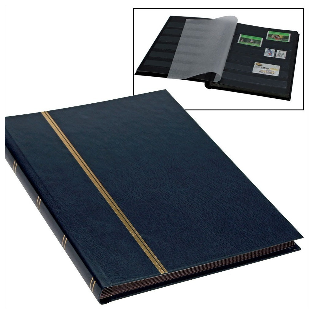 Blue stamp album stockbook with gold binding and inset image of open stockbook with black pages & stamps on a white background