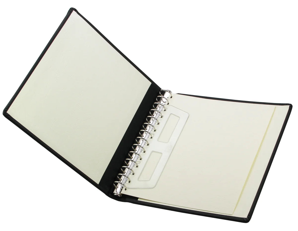 Open black leather album with 14-ring mechanism on a white background