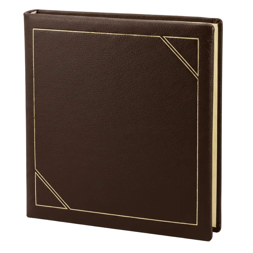 A square brown leather album with gold decorative border lines and corner accents, shown on a white background.