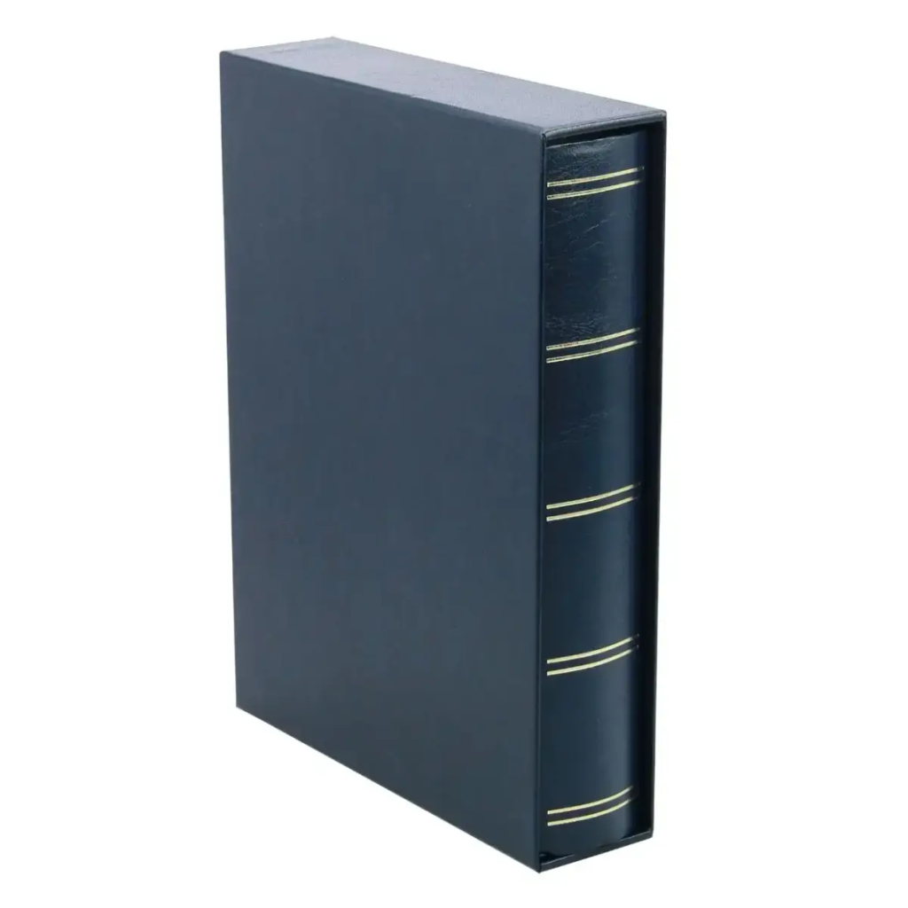 Closed blue stamp album stockbook with gold accents inside the matching album slipcase on a white background