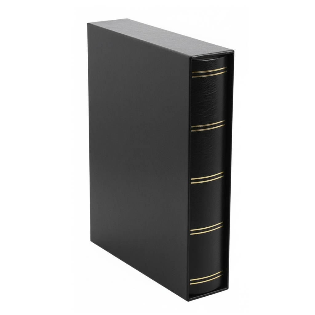 Closed black stamp album stockbook with gold accents inside the matching album slipcase on a white background