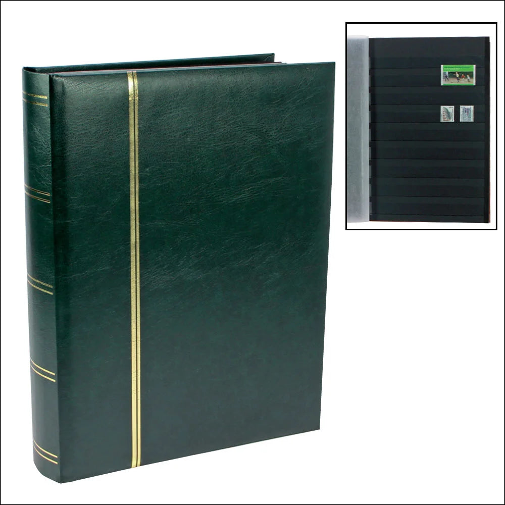 Green stamp stockbook with gold accents and inset image of black pages with stamps on a white background