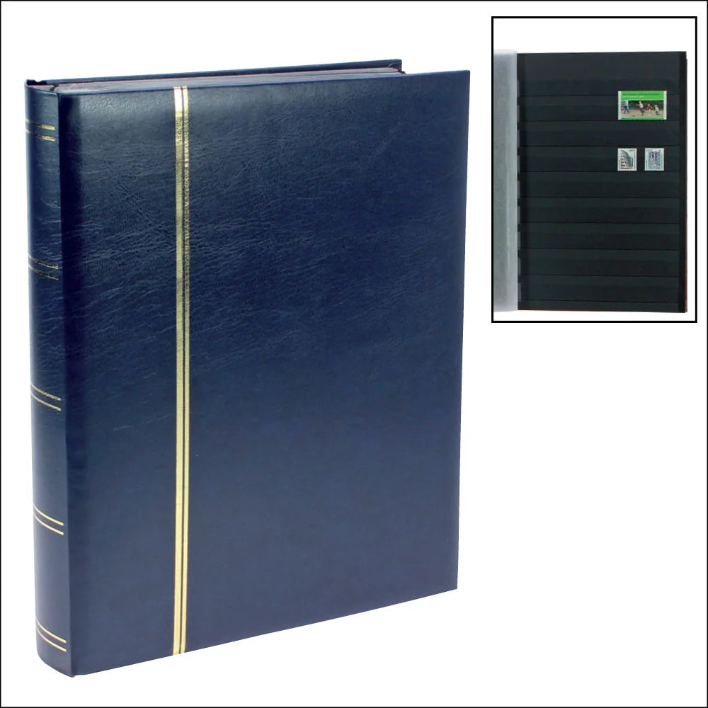 Blue stamp stockbook with gold accents and inset image of black pages with stamps on a white background