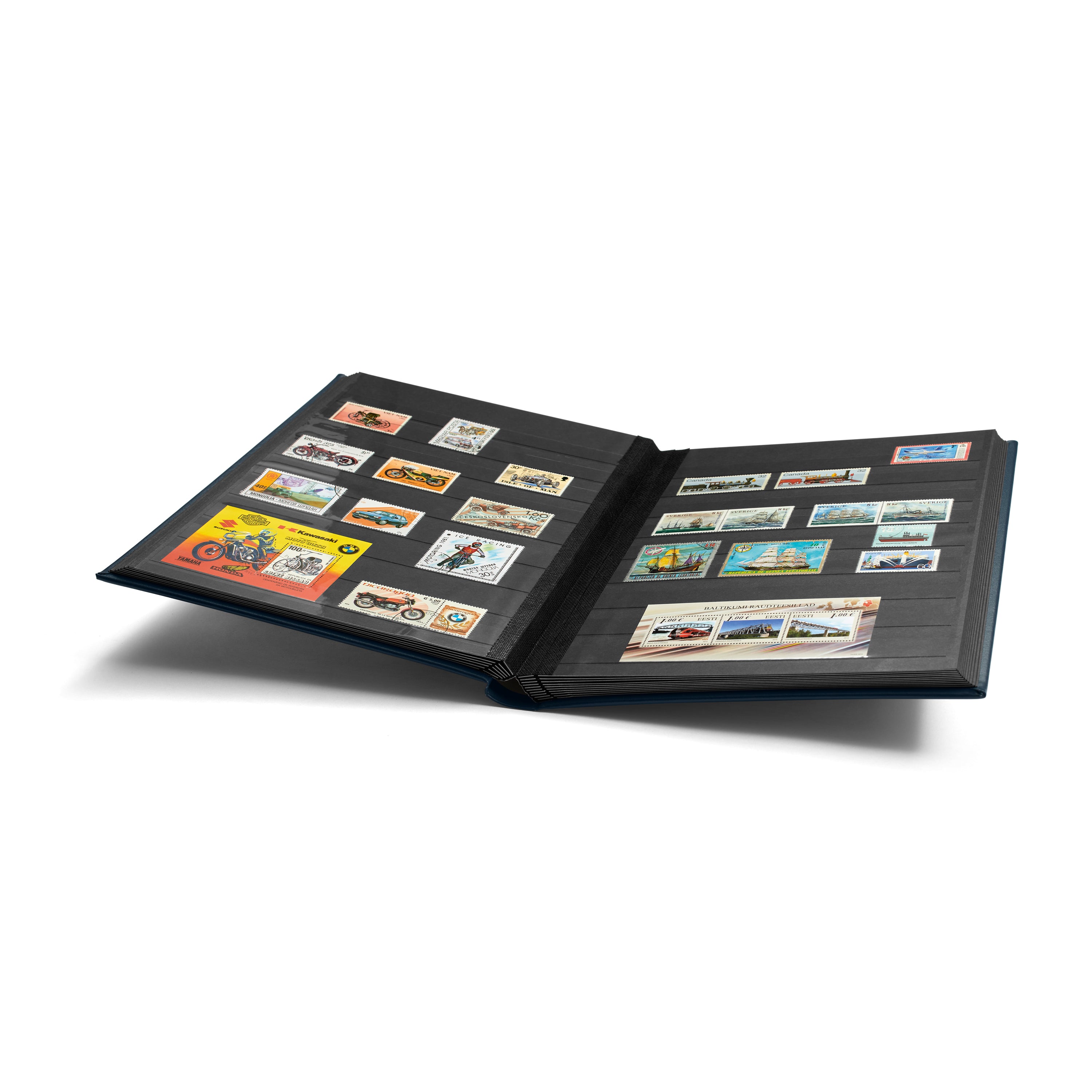 Open blue stamp album stockbook with black pages holding a collection of stamps on a white background