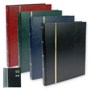 Set of four stamp album stockbooks in red, green, blue, and black with gold details and an inset image of black pages & stamps on a white background.