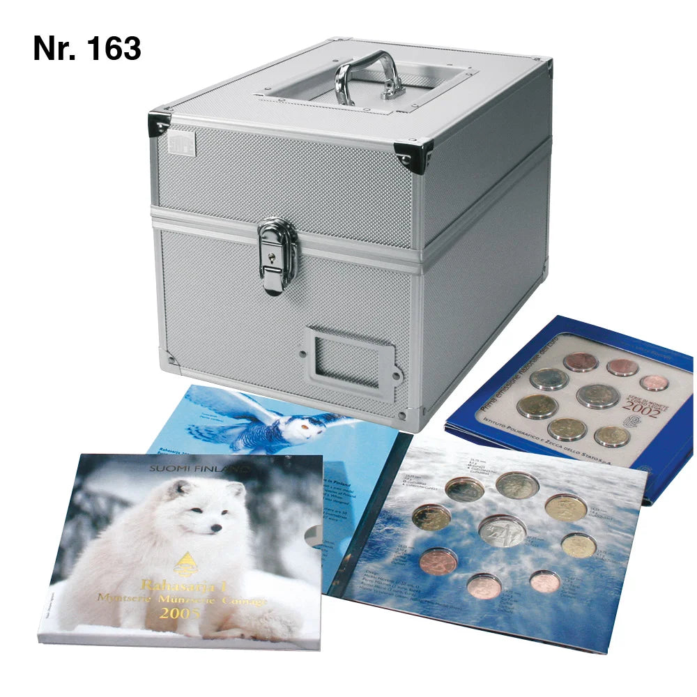 Aluminum coin collection case with carrying handle and latch, and coin sets spread around it