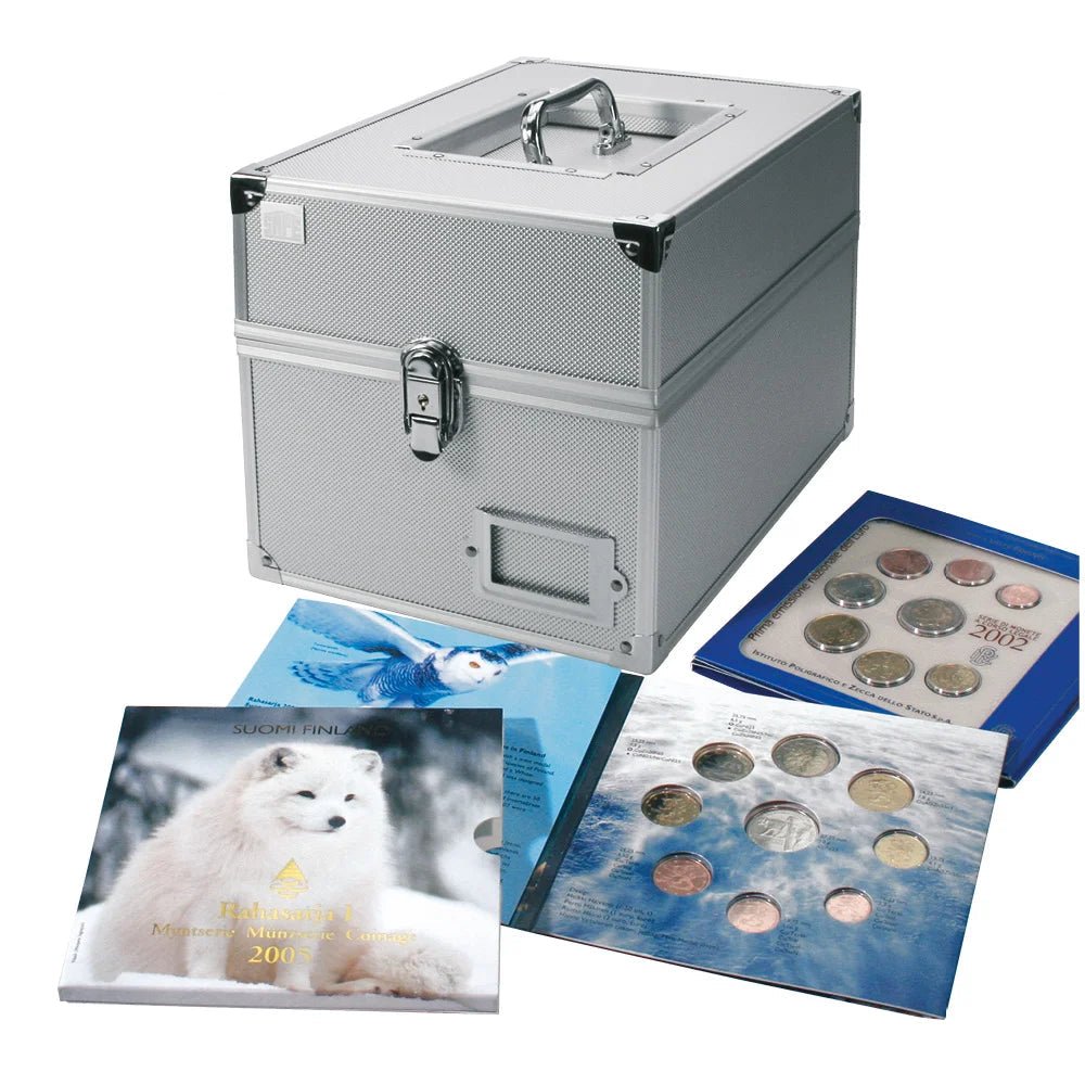 Aluminum coin collection case with carrying handle and latch, and coin sets spread around it