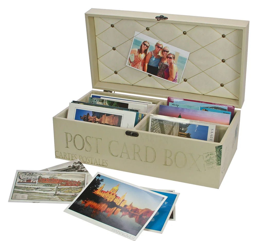 Beige wooden postcard box with postcards inside, featuring a family photo on top.