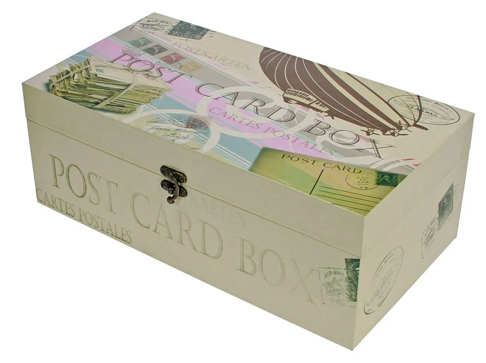 Beige wooden postcard box with postcard designs on a white background