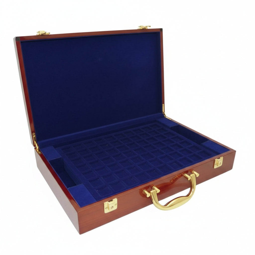 Burlwood coin briefcase that has a gold handle and two snap locks, with the lid open displaying blue velvet trays on a white background