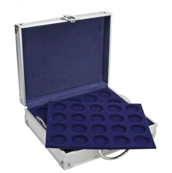 Open aluminum coin case with blue interior and blue trays, each with 20 round compartments on a white background