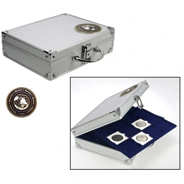 Aluminum coin case with global emblem with an inset image of the case open with 2x2 coin flips on a white background