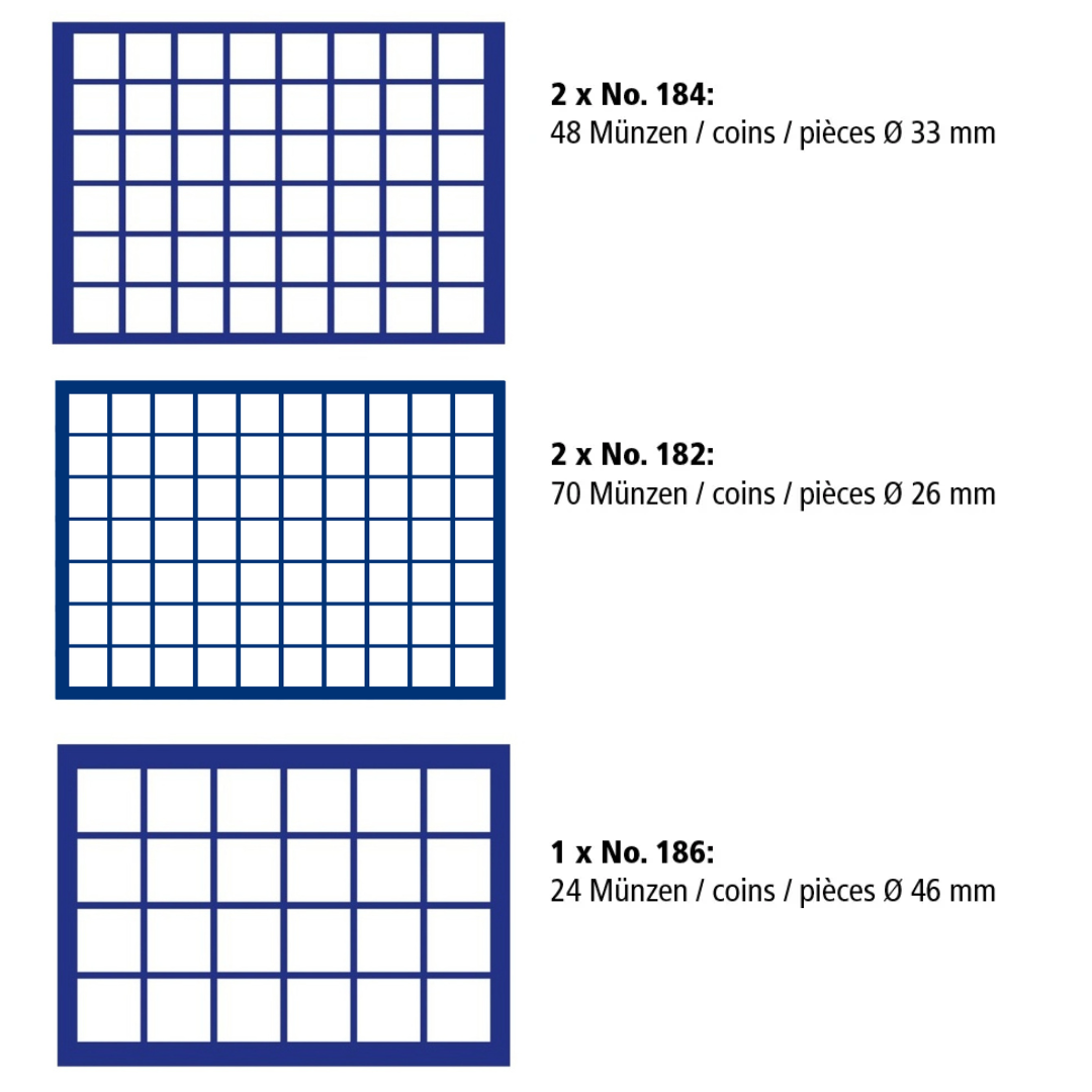Blue grid pattern illustrated representing the coin tray layout with coin dimensions on a white background