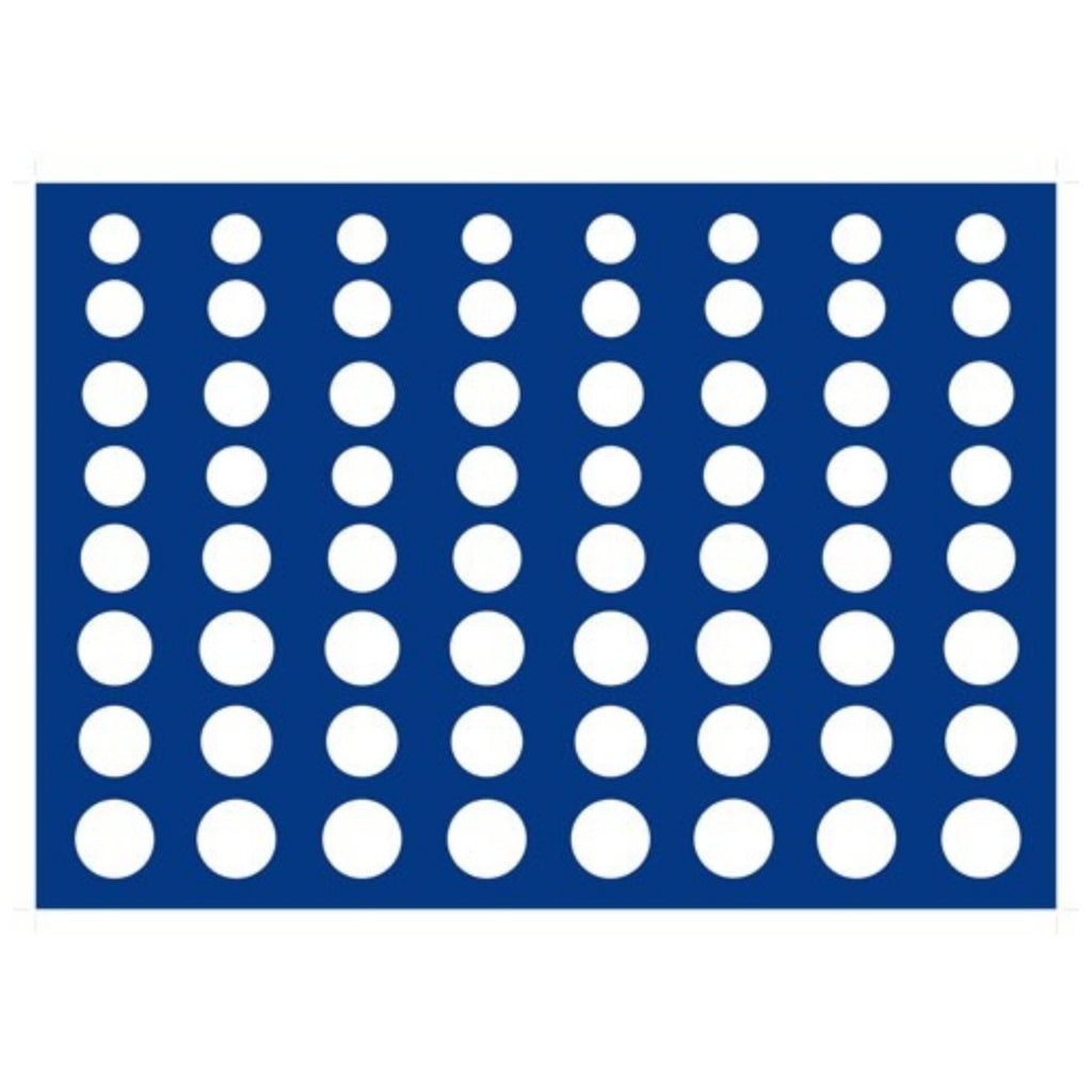 Blue rectangle with white circles illustrated representing the coin tray layout on a white background