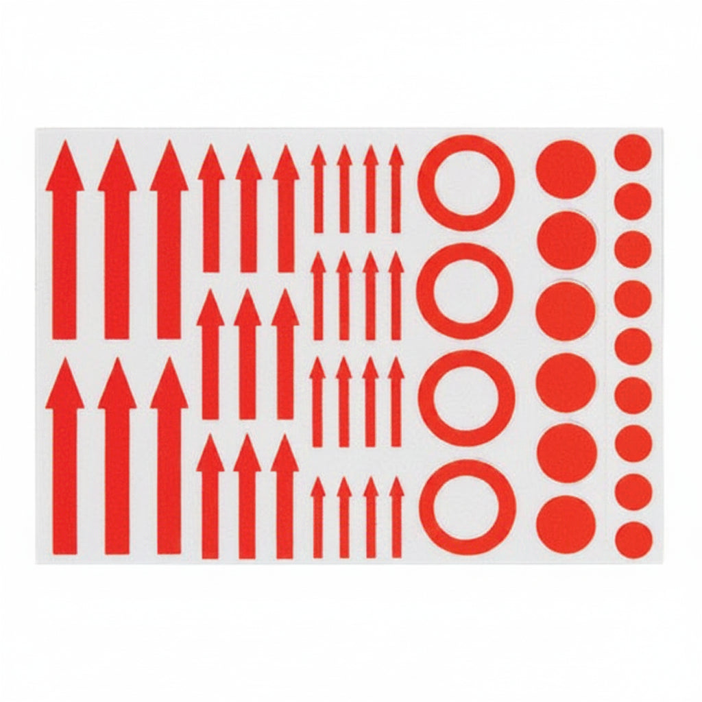 Sheet of red arrow and circle stamp exhibit labels on a white background
