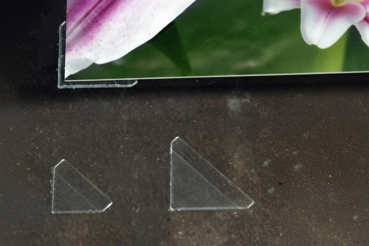Two clear plastic corner mounts shown for size on a dark surface