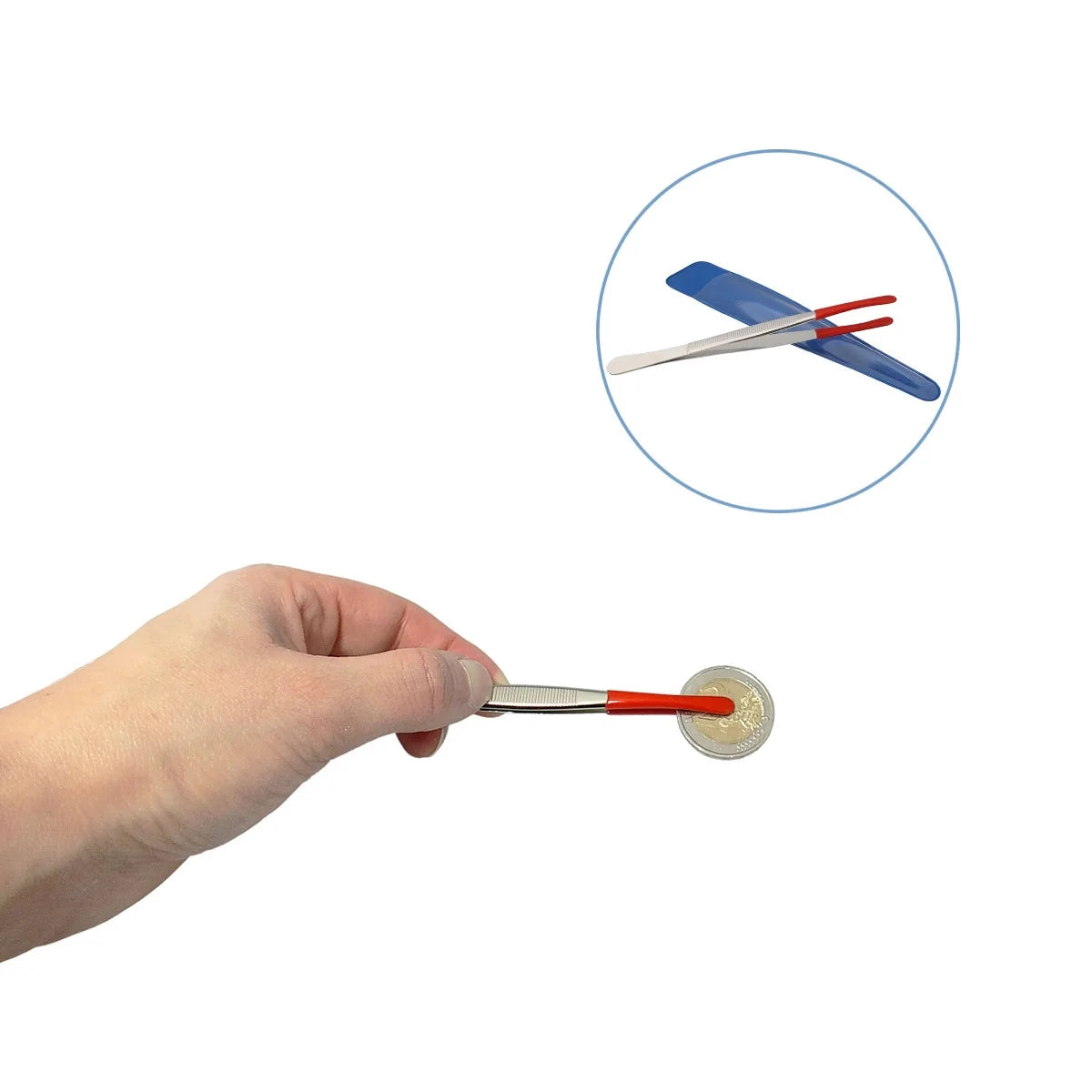 Hand holding a pair of tongs with a red rubber cap being used onto a coin with a magnified inset showing the tweezers with a plastic case.