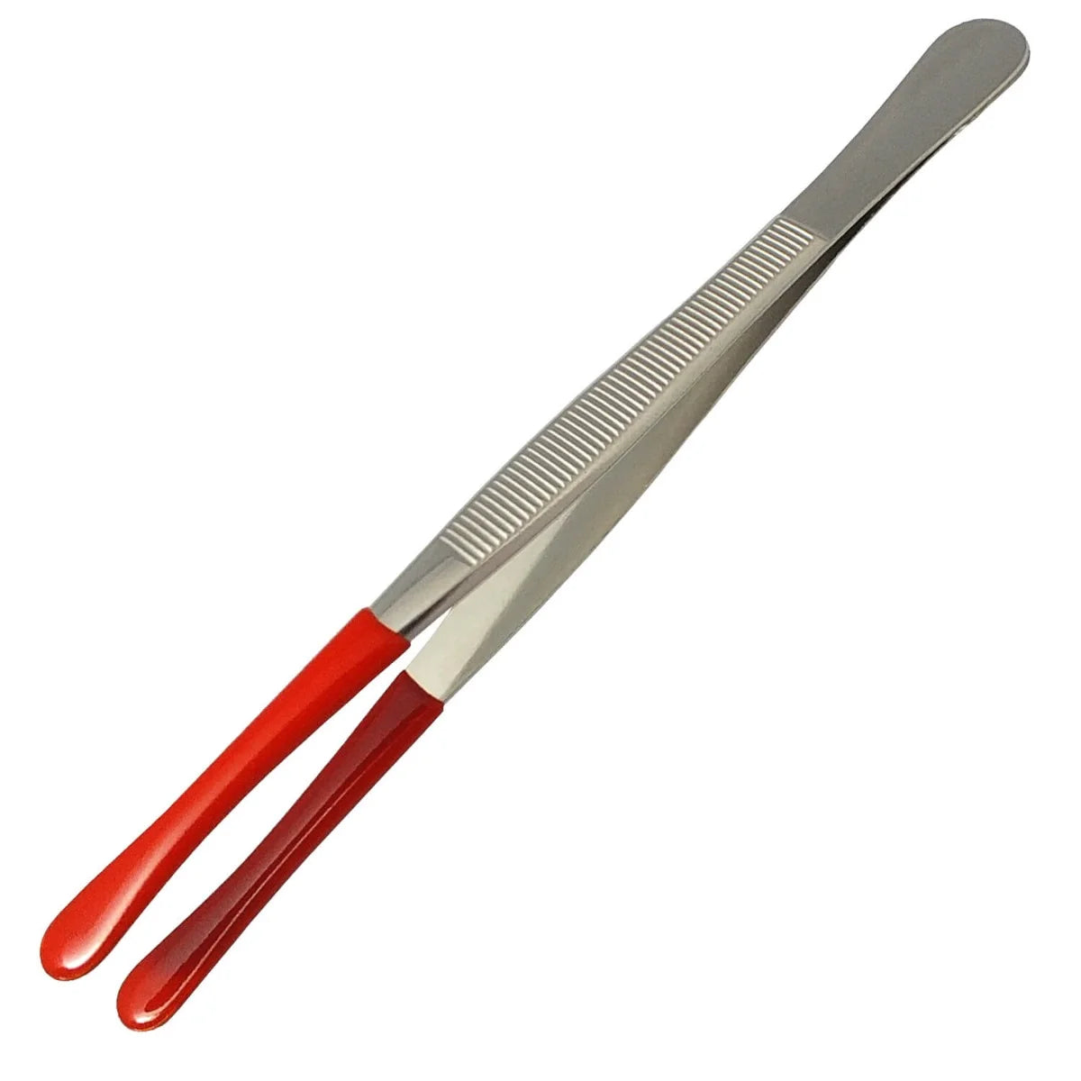 Nickel plated tweezers / tongs with the ends covered by a red rubber cap for gentler handling of collectibles, on a white background