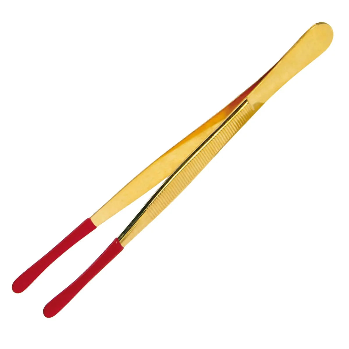 Gold plated tweezers / tongs with the ends covered by a red rubber cap for gentler handling of collectibles, on a white background
